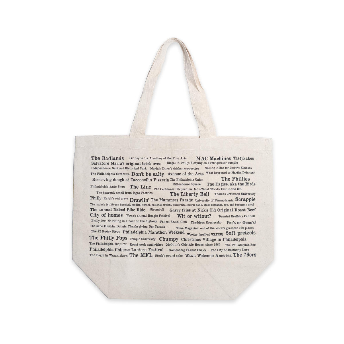 Introducing the Philadelphia Pride Ecotote—a cream-colored cotton canvas bag designed with two sturdy handles. It features bold black printed text in an array of font sizes and directions, listing iconic Philadelphia names, landmarks, and foods. Both stylish and functional, this tote is perfect for carrying your essentials or celebrating your Philly pride wherever you go.