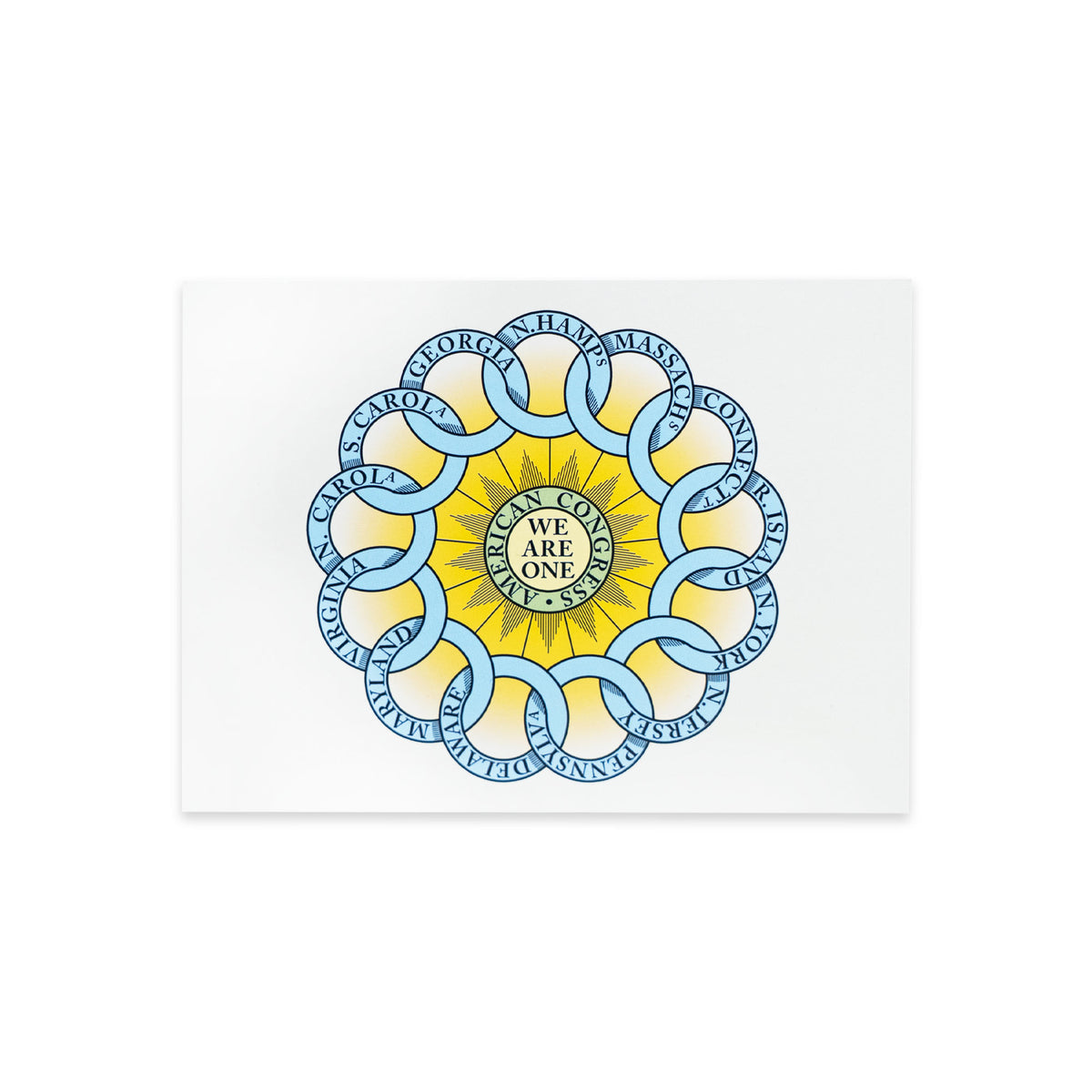 The Illustrated Chain of States Postcard features a circular design of blue interlocking rings, each labeled with a U.S. colony, encircling a yellow sunburst inscribed with “AMERICAN CONGRESS” and “WE ARE ONE” at its center. Reminiscent of the classic states motif often seen in American Revolution postcard collections, this piece captures the essence of patriotic memorabilia on a crisp white background.