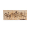 A sepia-toned sketch on the North Carolina Brigade Postcard shows a covered wagon with passengers, horse riders, and walking figures, evoking the spirit of historic journeys like those seen in Revolutionary War scenes.
