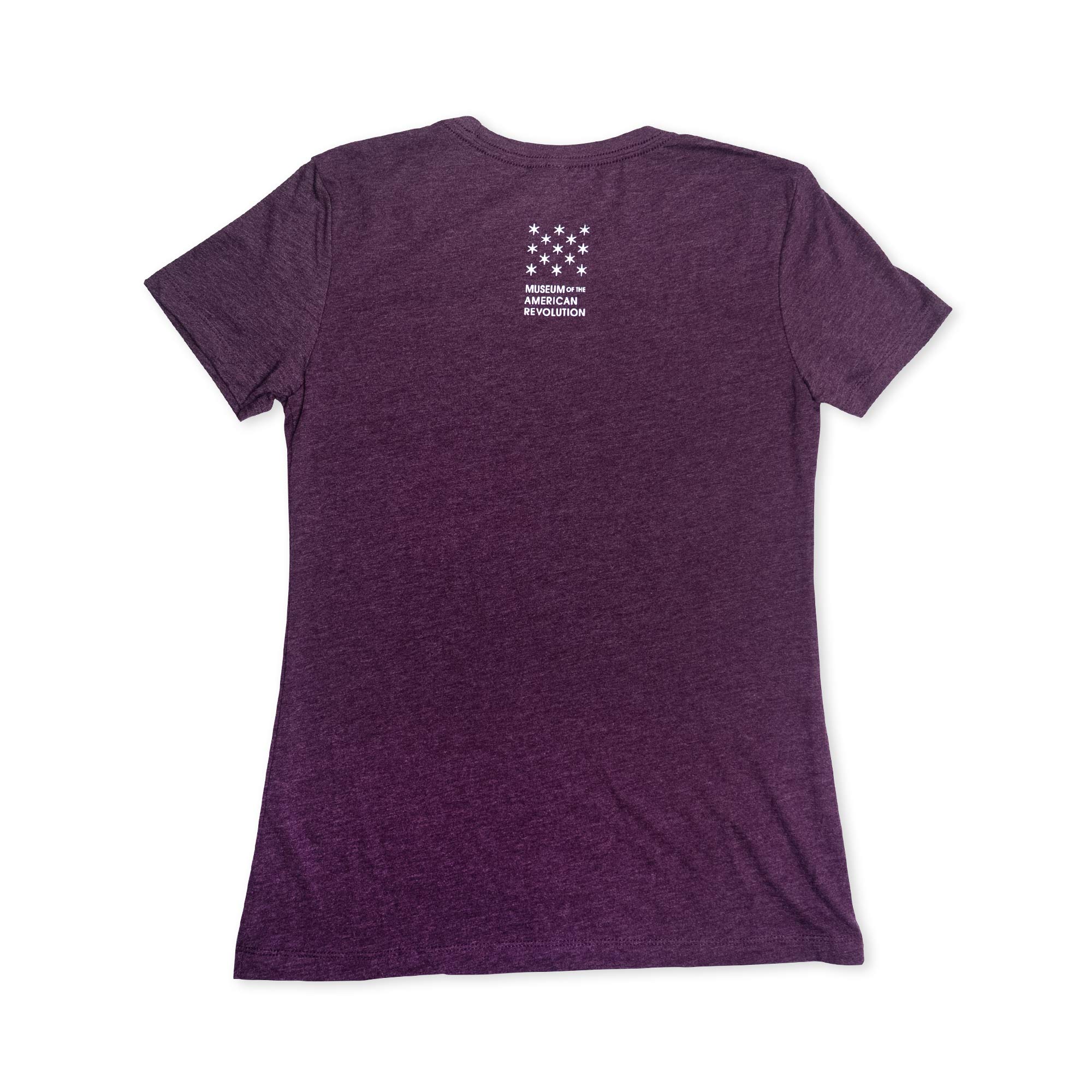 A plum-colored short-sleeve Well-Behaved Women T-Shirt is shown from the back, featuring a small white logo with stars and "Museum of the American Revolution" near the top—perfect for anyone seeking a women's history shirt that celebrates impactful stories.