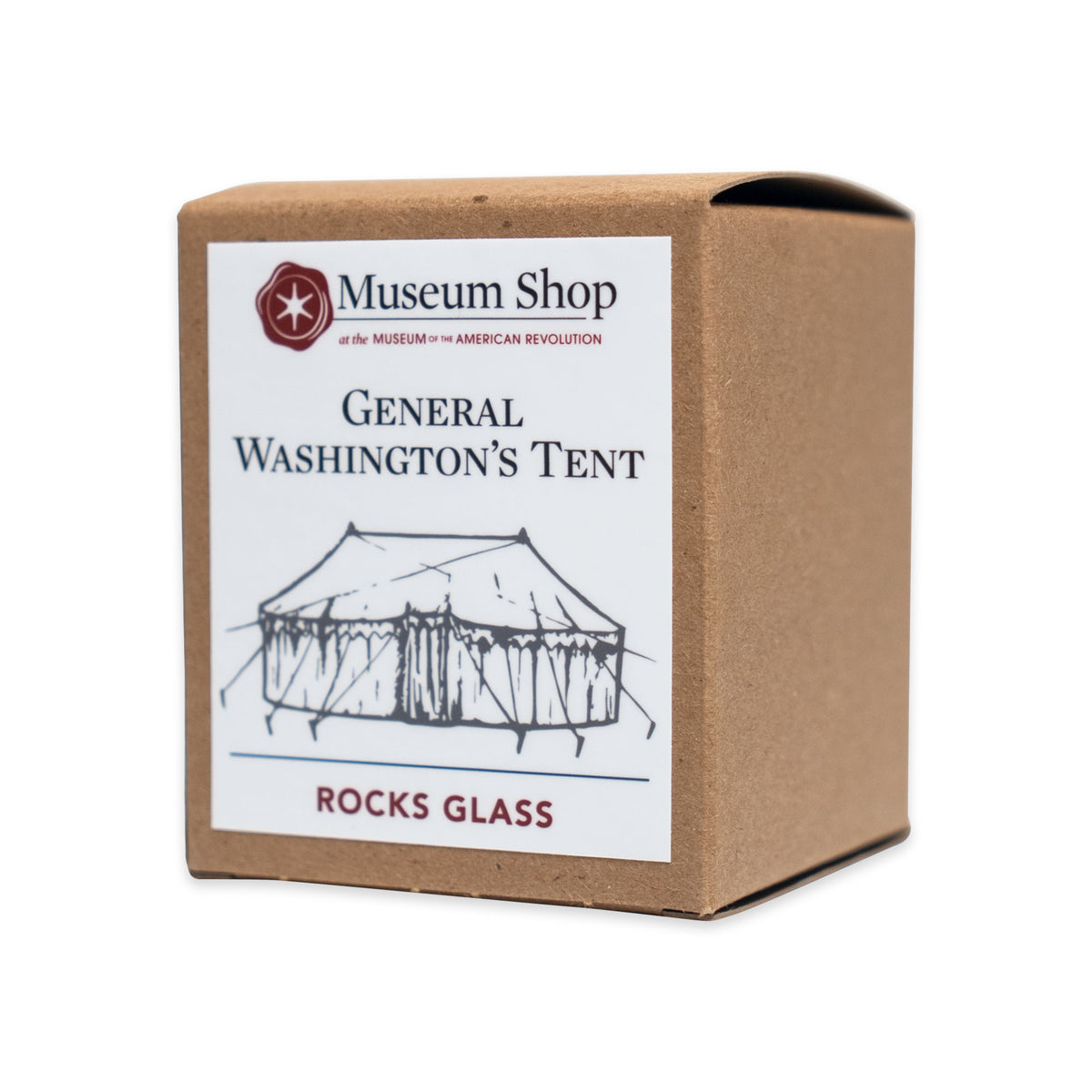 A brown cardboard box with a product label featuring a drawing of a military tent and the text George Washington Tent Whiskey Glass.