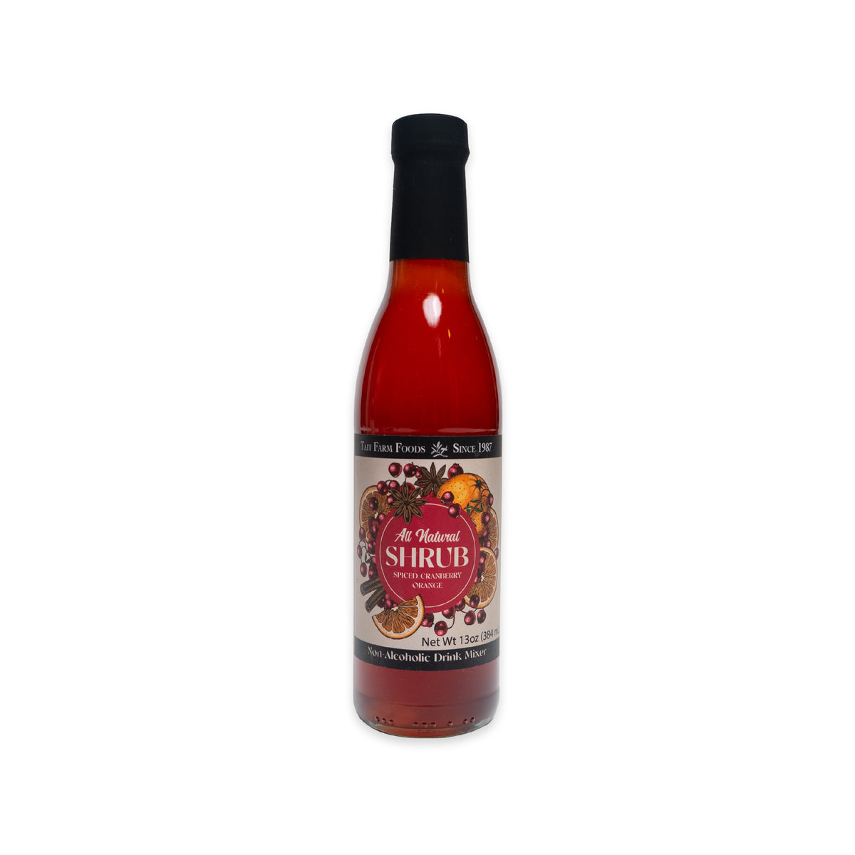 Spiced Cranberry Orange Shrub mixer bottle, featuring illustrations of cranberries, orange slices, and cinnamon sticks for festive mocktails.