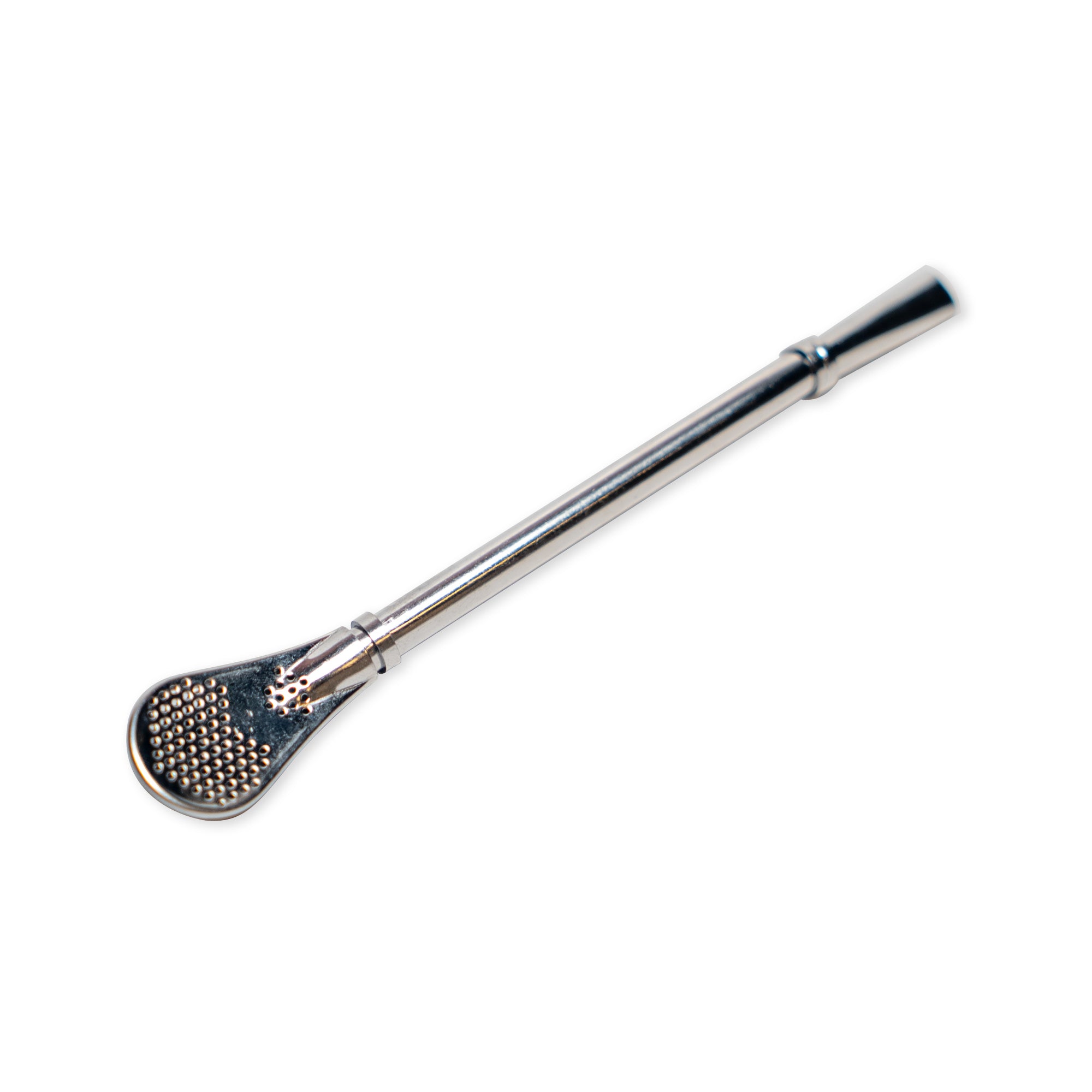 The Stainless Steel Tea Straw, featuring a flat, perforated spoon-shaped end that serves as both a bombilla and tea infuser for loose-leaf tea or yerba mate, is displayed on a white background.