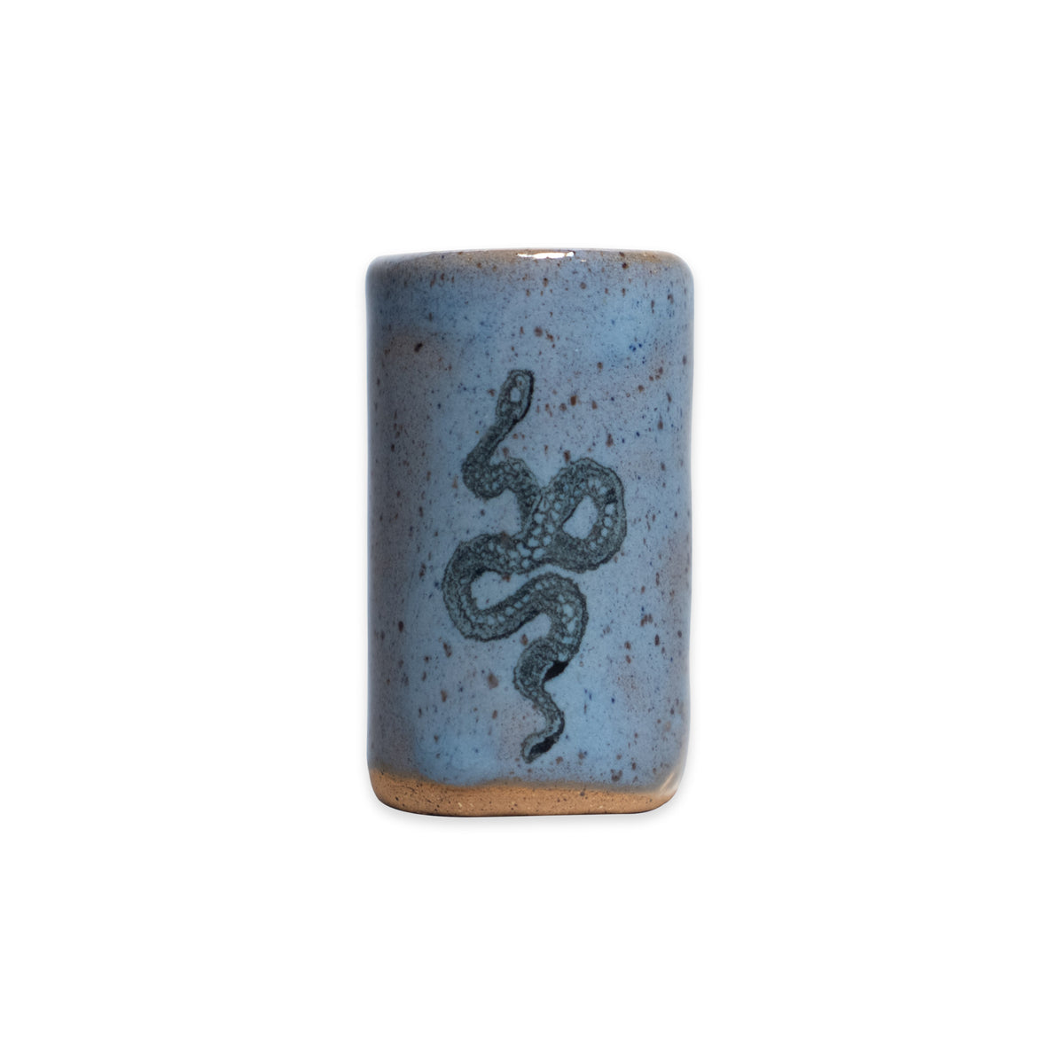 Tiny Ceramic Tumbler, a handcrafted cylindrical piece in a blue speckled glaze with a dark etched snake design.