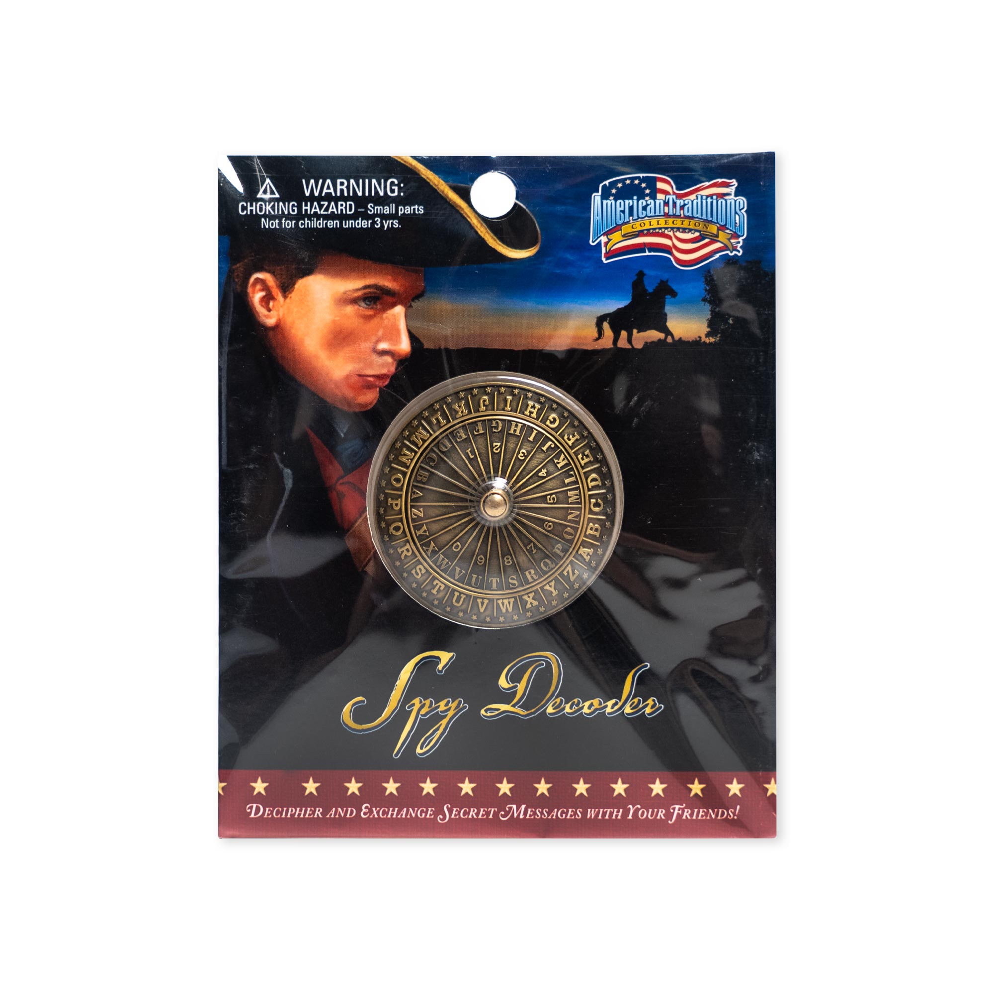 The packaged Spy Decoder features a silhouette of a man in a fedora and a western scene, along with the text “Spy Decoder” on the front. Ideal for revealing secret messages just like spies of the American Revolution, the Spy Decoder wheel is clearly visible inside the packaging.