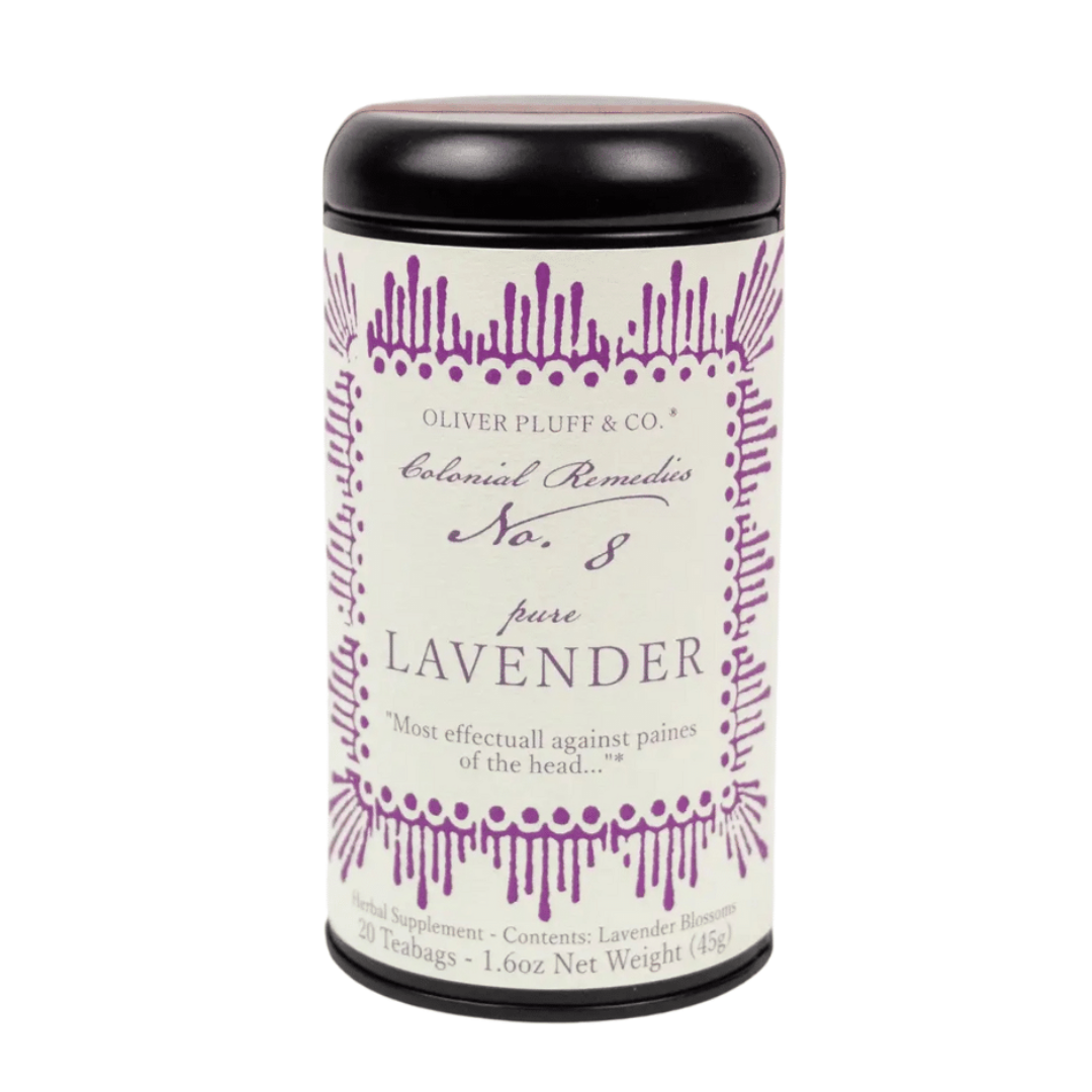 A cylindrical tin labeled "Lavender Tea" by Oliver Pluff & Co., decorated with purple designs, contains 20 calming floral tea bags and weighs 1.6 oz (45g).