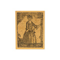Vintage-style illustration from the Daughters of Liberty Sticker, depicting a woman in period attire holding a large key beside a door, with a historic building and small flag in the background. Rendered in black ink on yellowed paper, the image evokes the spirit of the Daughters of Liberty and their boycott of British goods during the Stamp Act era.