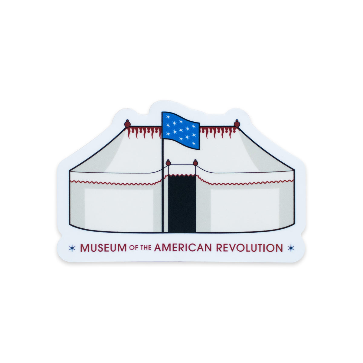 George Washington’s Tent Sticker illustration of a white marquee tent with a blue, star-spangled flag, labeled Museum of the American Revolution at the bottom.