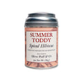 A cream and peach metal tin labeled "Summer Toddy, Spiced Hibiscus" by Oliver Pluff & Co. holds a 3 oz (85g) artisanal spice blend, featuring floral illustrations and cocktail recipe text—ideal for mixing a refreshing toddy or enhancing your favorite cocktails.