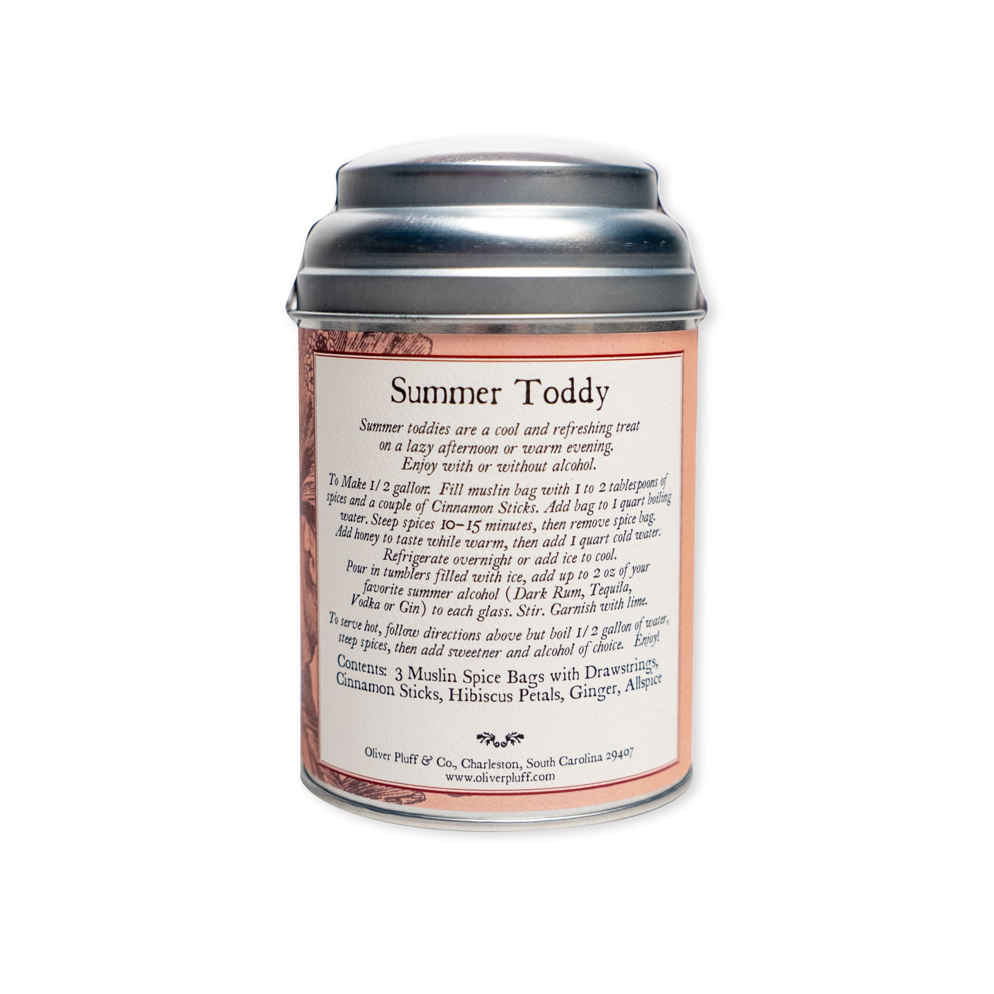 A silver tin labeled Summer Toddy, Spiced Hibiscus, complete with brewing instructions and a list of ingredients—highlighting an artisanal blend of cinnamon, hibiscus petals, ginger, and allspice—perfect for mixing into a refreshing toddy or cocktail. The tin is displayed against a plain white background.