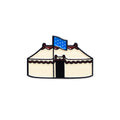 A simple illustration of the George Washington Tent Pin: a cream-colored tent with red trim and a blue flag with white stars on top, set against a plain white background.