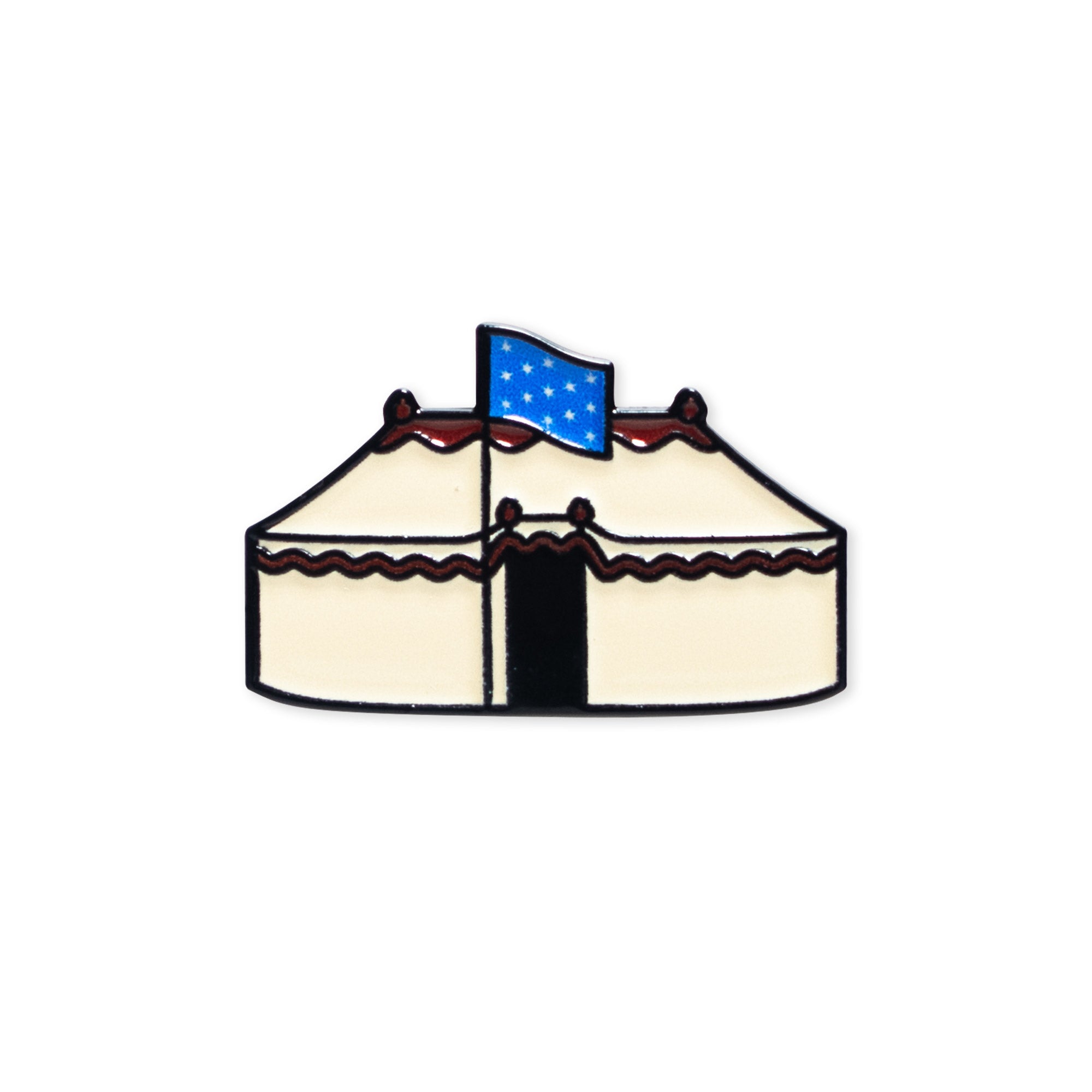 A simple illustration of the George Washington Tent Pin: a cream-colored tent with red trim and a blue flag with white stars on top, set against a plain white background.