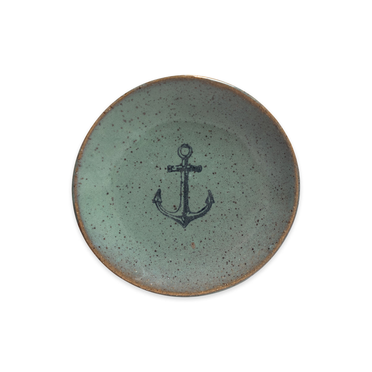 Mini Ceramic Plate that is a round, speckled green handcrafted catch-all dish featuring a dark navy anchor graphic in the center.