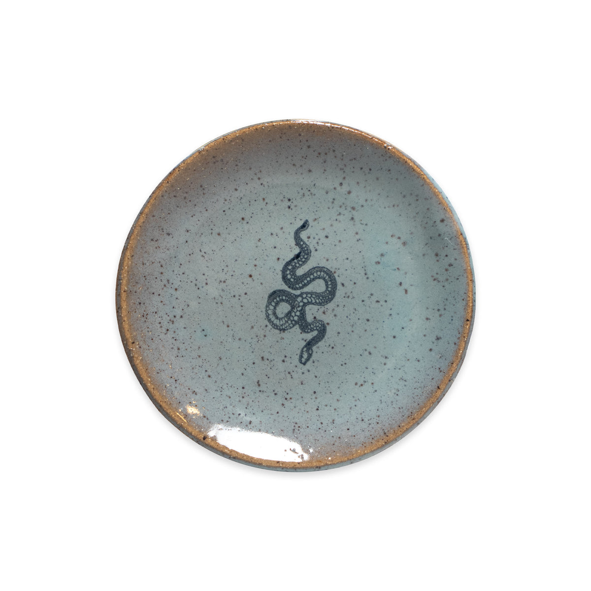 Mini Ceramic Plate featuring a handcrafted speckled blue design with a small snake illustration in the center, perfect as a catch-all dish.