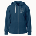 The Chain of States Zip Hooded Sweatshirt is a blue patriotic hoodie with white drawstrings, front pockets, and a small circular design on the left chest, shown against a plain white background.