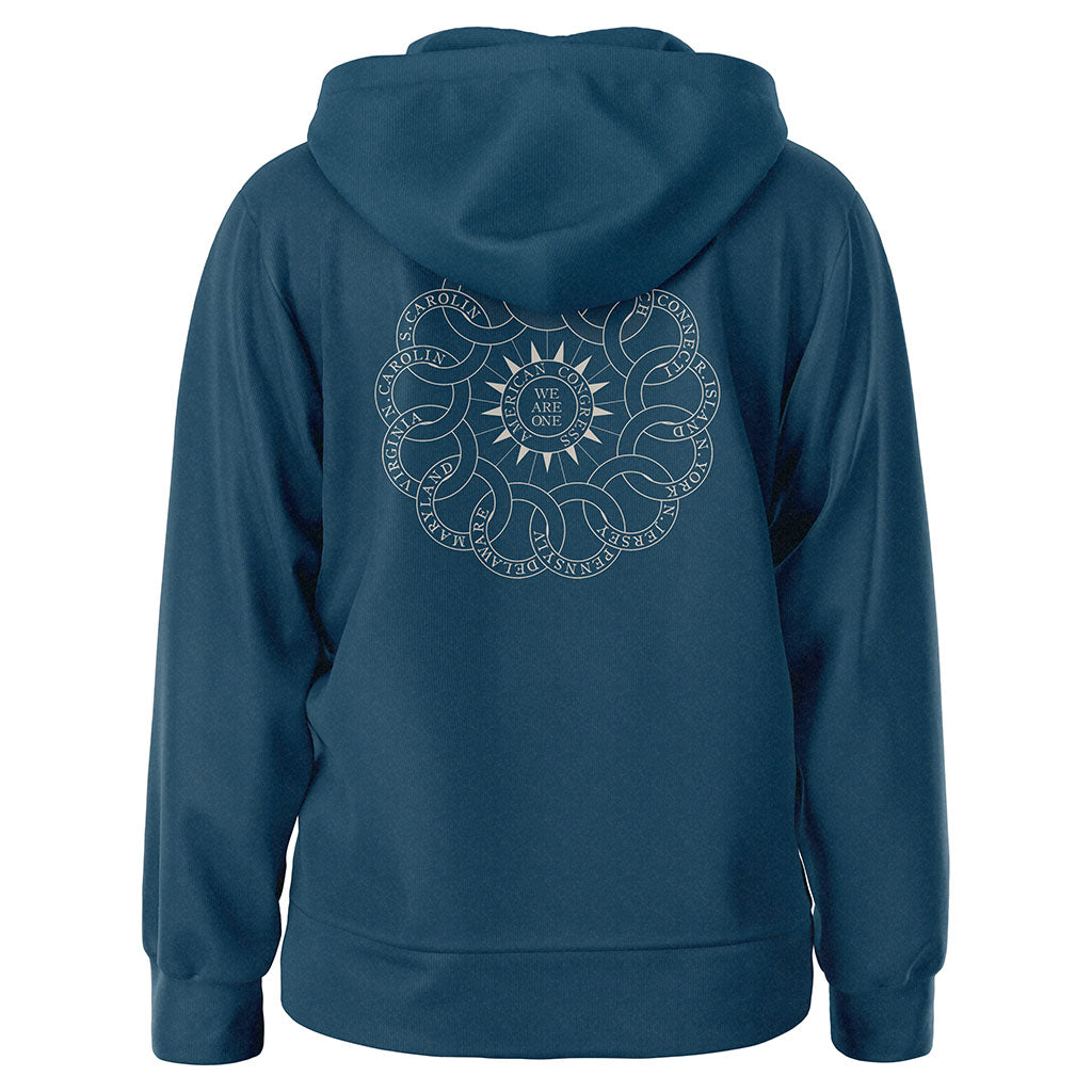 The Chain of States Zip Hooded Sweatshirt is a blue hoodie with a white circular geometric design on the back that reads WE ARE ONE, surrounded by interconnected rings and words. Features long sleeves, a front pocket, and timeless style.