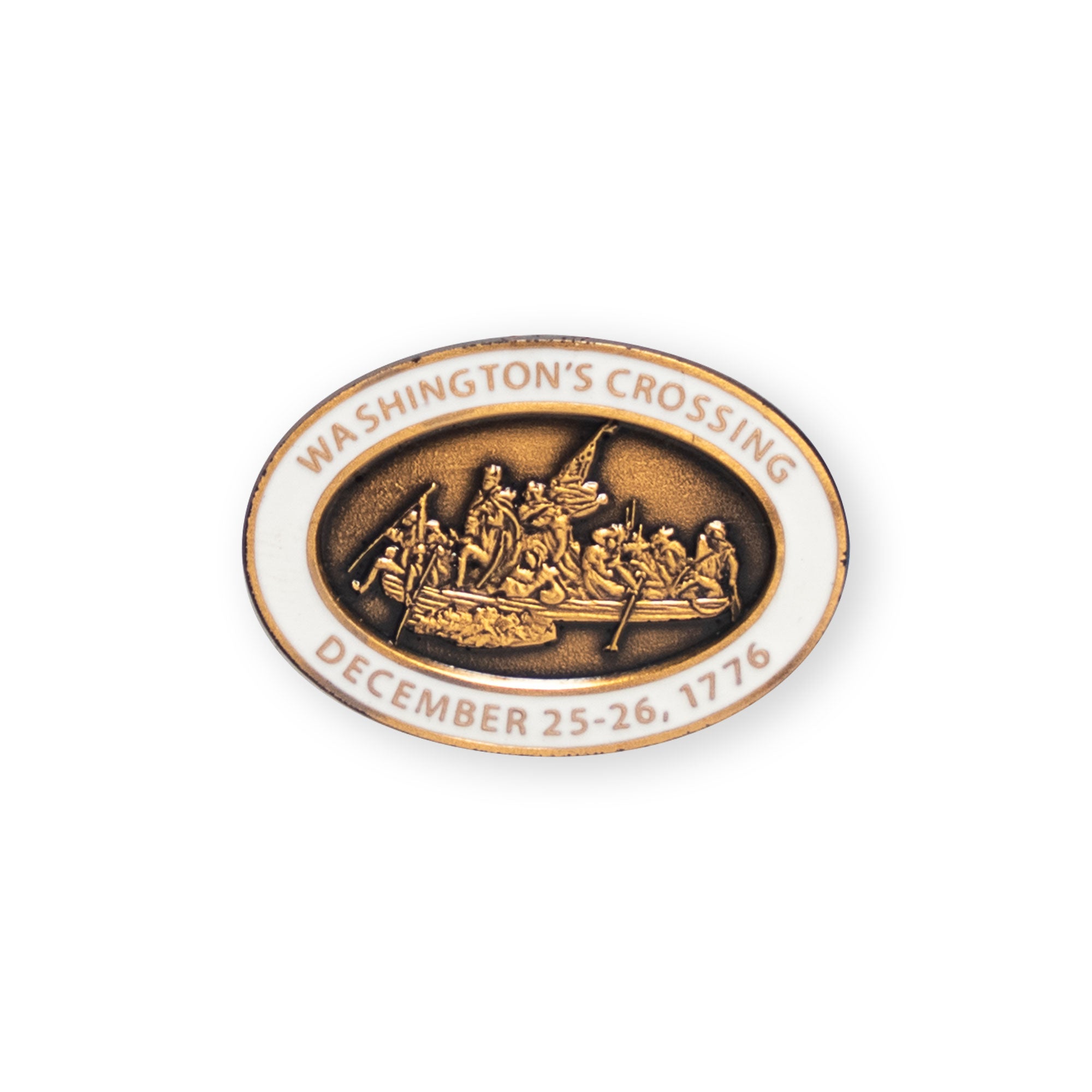 Sure! Here’s a rewritten sentence using the provided product data: The Washington Crossing the Delaware Pin is an oval brass enamel pin featuring Washington and his soldiers crossing the Delaware River, with “Washington’s Crossing December 25-26, 1776” in gold and white around the edge—a striking historical commemorative piece for collectors and enthusiasts.