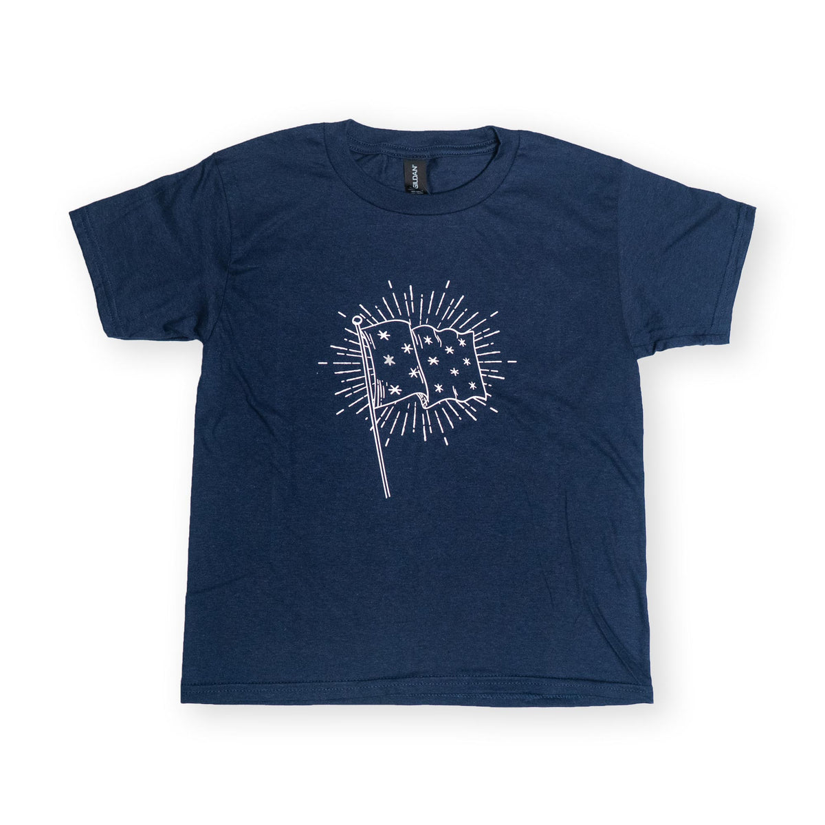 Youth George Washington Standard Flag T-Shirt in dark blue, featuring a white line drawing of a star-patterned flag on a pole surrounded by radiating sunburst lines.