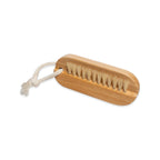 The Wood Nail Brush is a compact wooden brush featuring light bristles and a white rope loop at one end, ideal for deep cleaning and gardener's hand care, displayed on a white background.