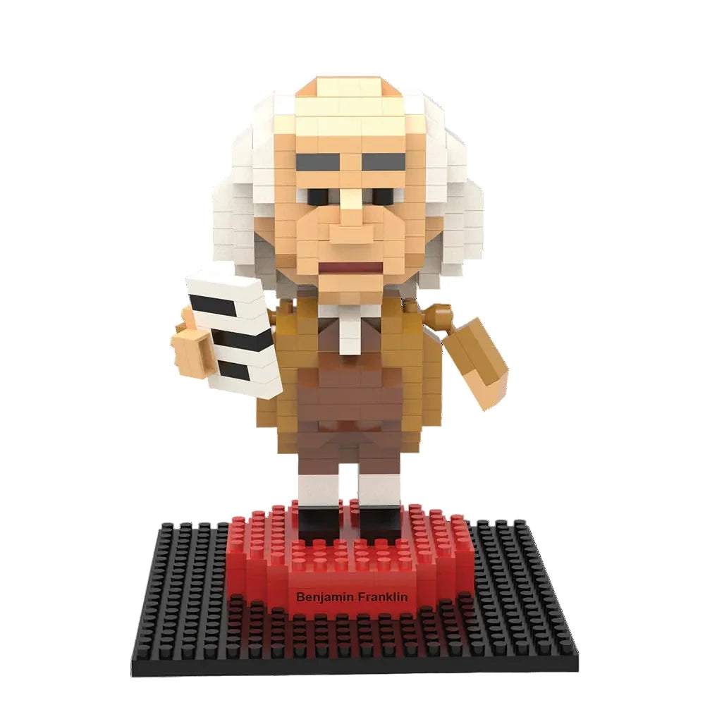 The Benjamin Franklin Mini Blocks set features a figurine with white hair, glasses, and brown clothes on a black and red base labeled "Benjamin Franklin," holding a white and black object—an ideal collectible for fans.