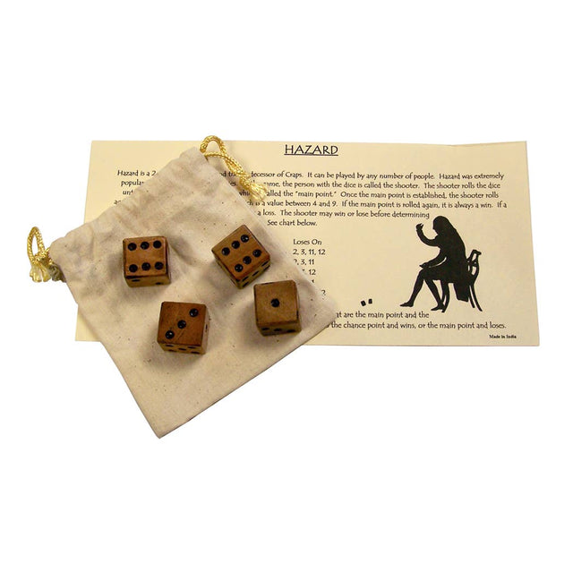 The Hazard Dice Game includes four wooden dice on a cloth pouch with a rules sheet featuring game instructions and a silhouette of a seated figure.