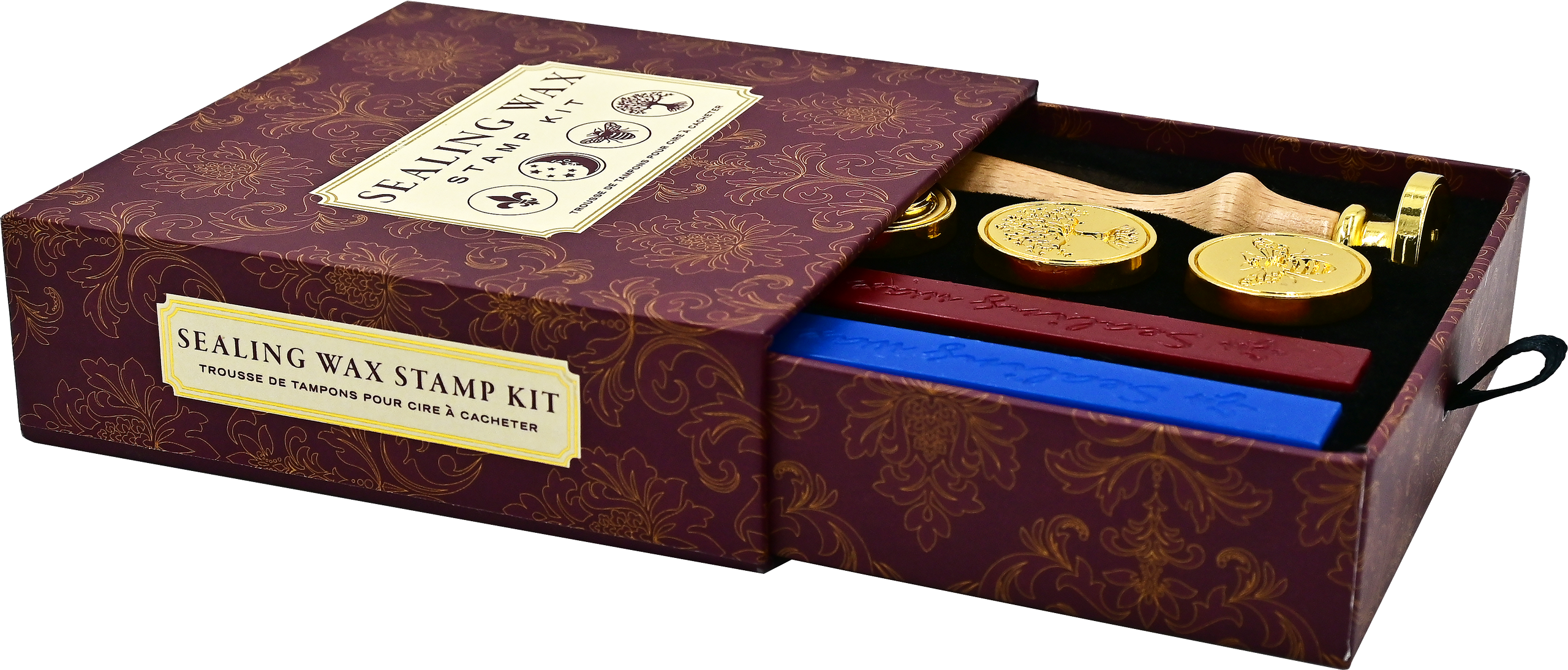 An open decorative maroon box labeled Sealing Wax Stamp Kit displays a brass stamp set with wooden handles and three sealing wax sticks in red and blue, perfect for making elegant wax seals.