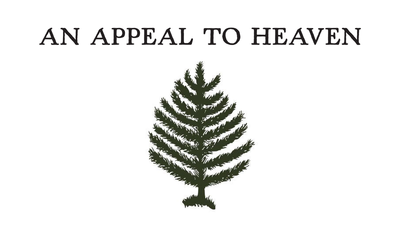 The An Appeal to Heaven Flag Sticker displays black "AN APPEAL TO HEAVEN" text above a dark green pine tree, inspired by Washington's Cruisers Flag—making it a durable and unique addition to any sticker collection.