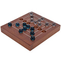 The Nine Men's Morris Wooden Travel Game with Marbles features a compact 5-inch wooden board with a lined grid and glass marbles.