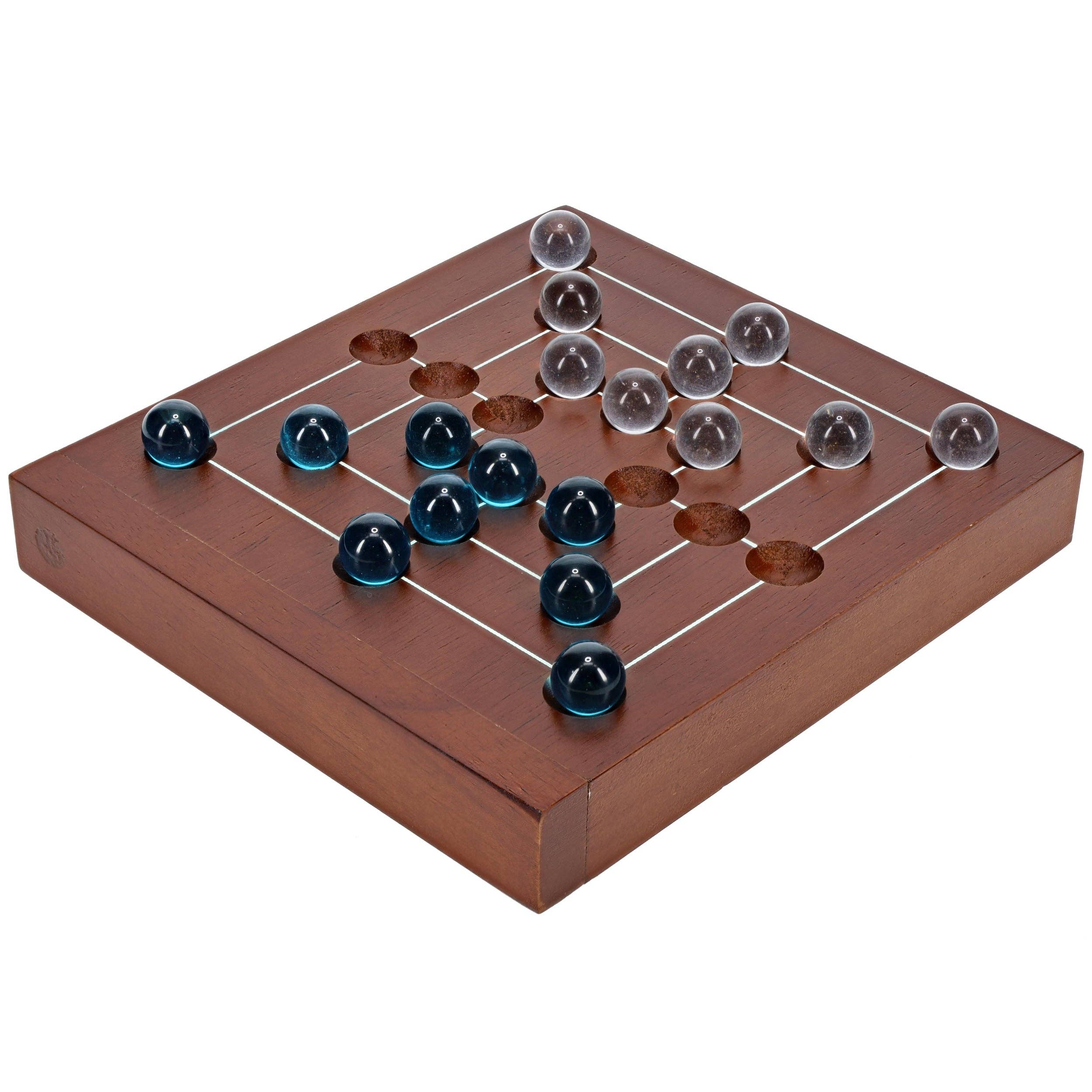 The Nine Men's Morris Wooden Travel Game with Marbles features a compact 5-inch wooden board with a lined grid and glass marbles.