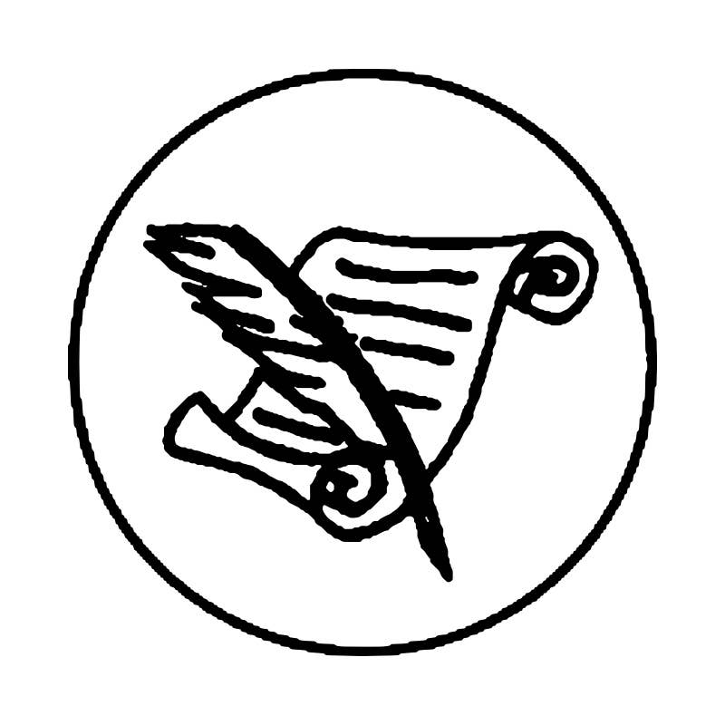 A simple black and white drawing of a quill pen over a rolled parchment, both within a circle, echoes the elegance of the Rosewood Handle Wax Seal Stamp Kit with Sealing Wax.