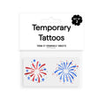 Fireworks Temporary Tattoos include two trim-it-yourself sheets with red and blue firework designs—great for summer events. The package’s top right corner reads "Set of 2.