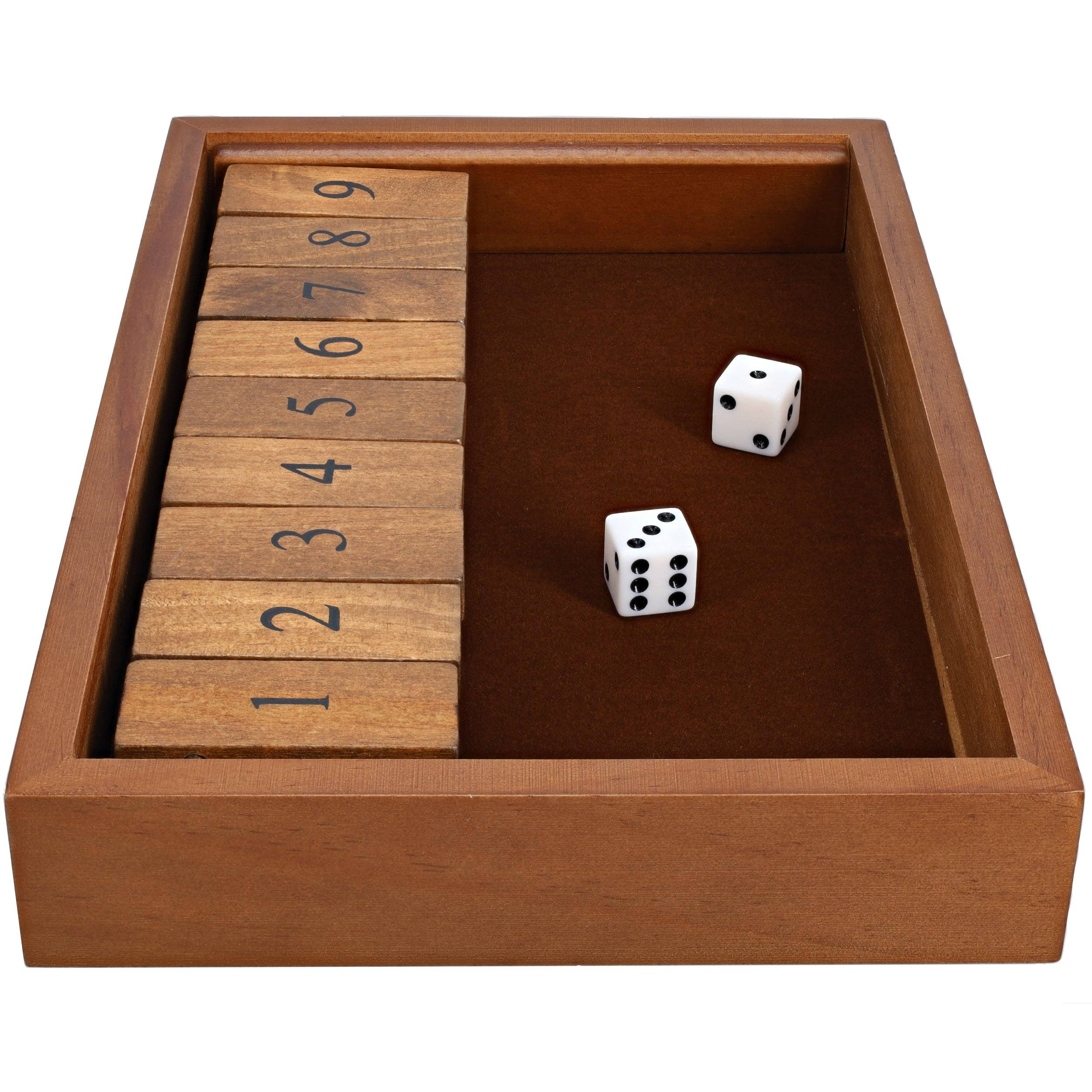 The Shut the Box Board Game, 9 Numbers, is perfect for family game night and features upright wooden tiles numbered 1 to 9 on the left and two white dice — one showing a 5 and the other a 2 — on the right side of the box.