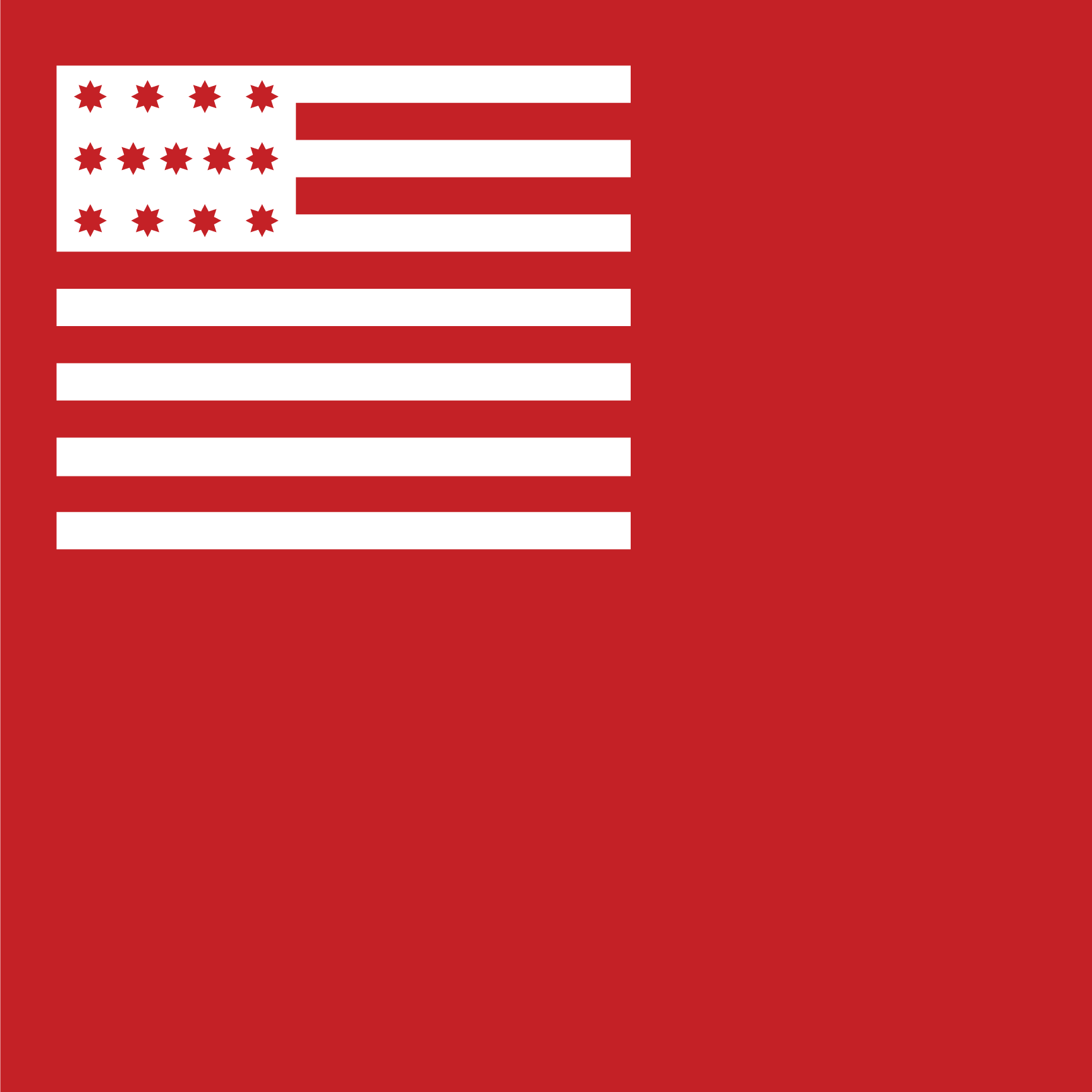 The Brandywine Flag Sticker features a bold red background, white stripes, and nine gear-shaped stars on blue—reflecting Revolutionary history. The right side is fully red with no symbols, making it a unique vinyl sticker for history enthusiasts.