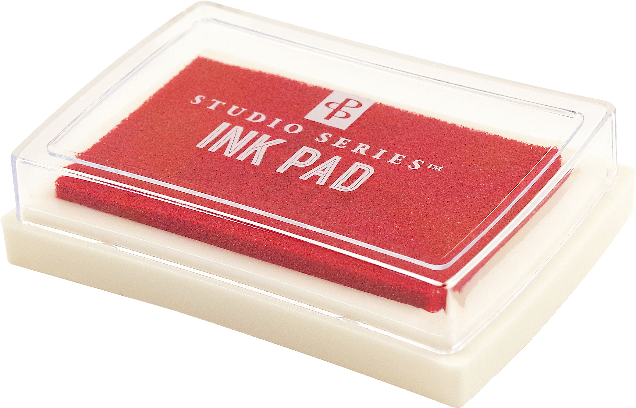 A rectangular red ink pad from the Studio Series Ink Pad Set, featuring a clear plastic lid and white base — perfect for scrapbooking — displayed on a plain background.