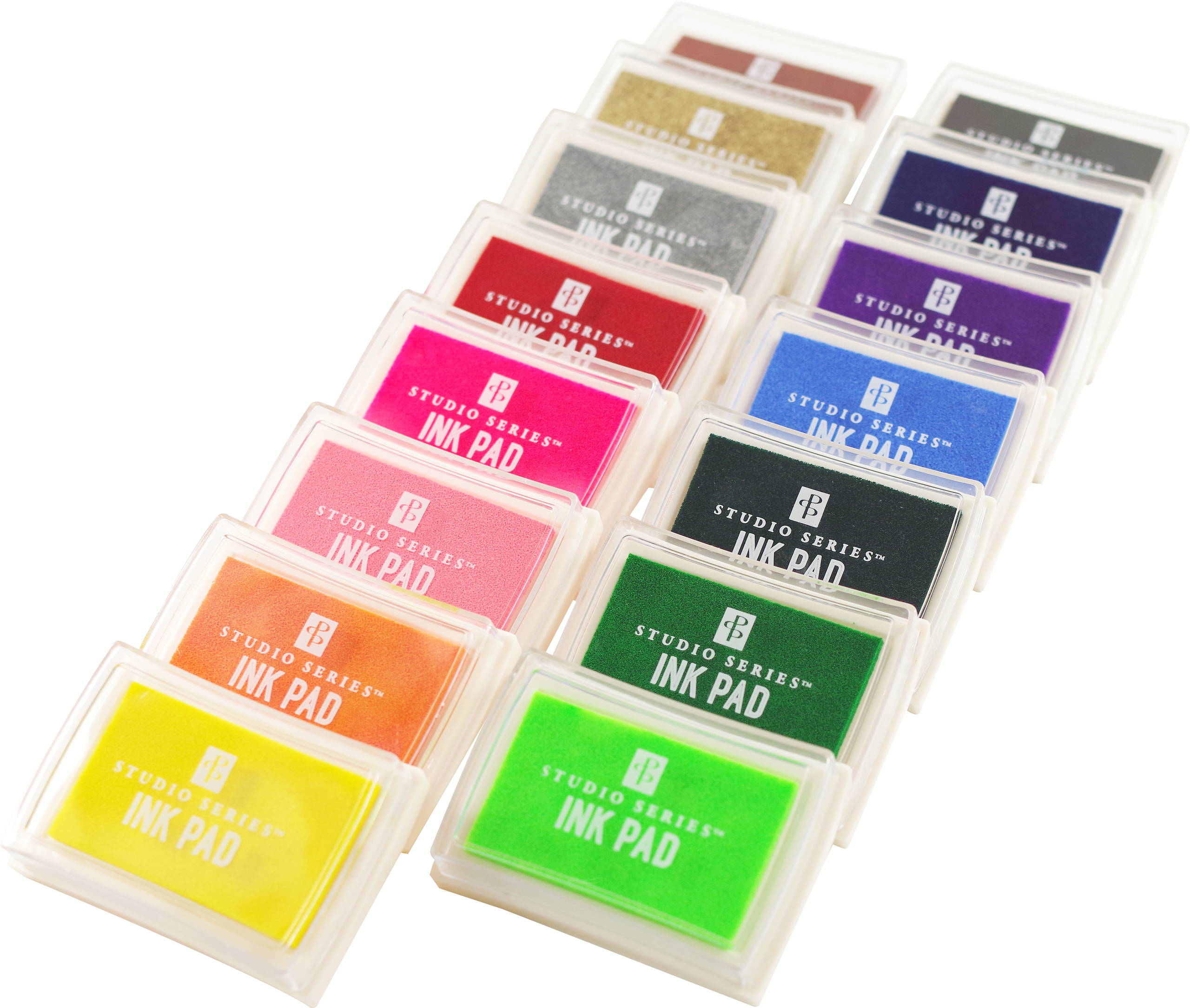 The Studio Series Ink Pad Set features 15 vibrant dye ink colors — including yellow, green, orange, pink, purple, blue, black, silver, and gold — arranged diagonally in clear cases. Ideal for scrapbooking and crafts.