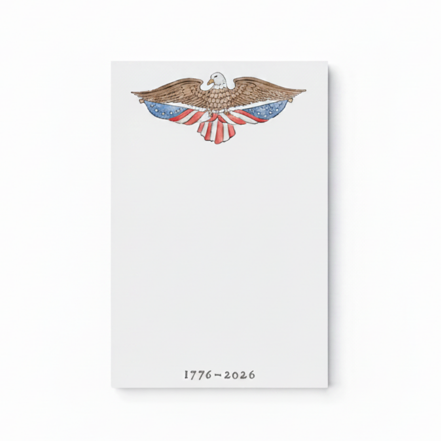 The Vintage American Eagle Notepad features a bald eagle with American flag wings at the top and "1776 ~ 2026" at the bottom, celebrating America 250 on a plain white background.