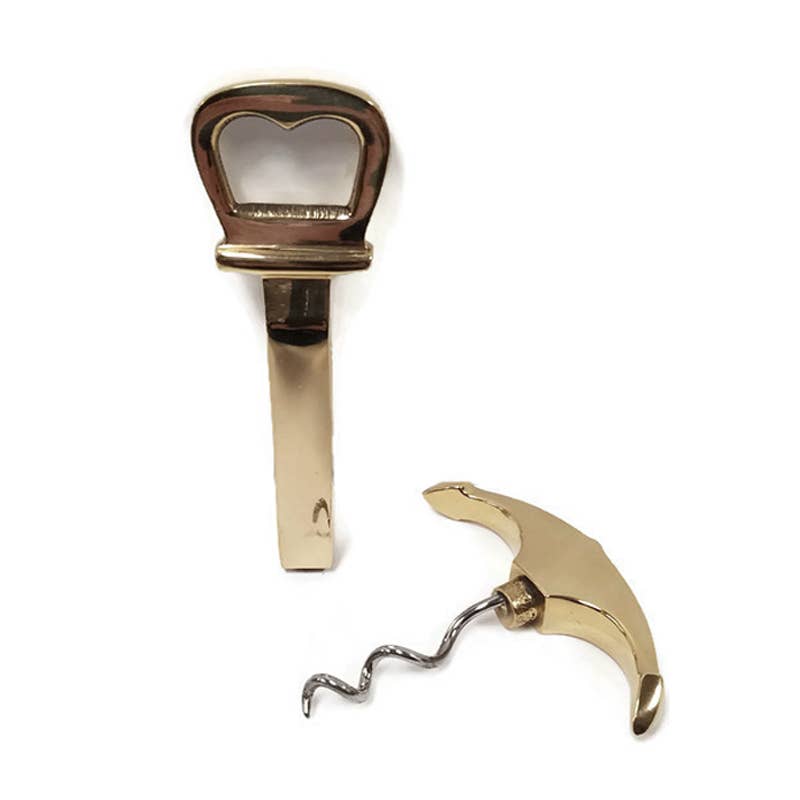 The Solid Polished Brass Anchor Corkscrew & Bottle Opener set features two gold-toned metal tools—a bottle opener with a heart-shaped cutout and a corkscrew with a curved handle—displayed on a white background.