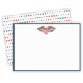 The Vintage American Eagle Note Card Set includes blank flat cards bordered in blue, each with a vintage eagle holding an American flag shield. The background sheet features watercolor red and blue stars for a patriotic accent.