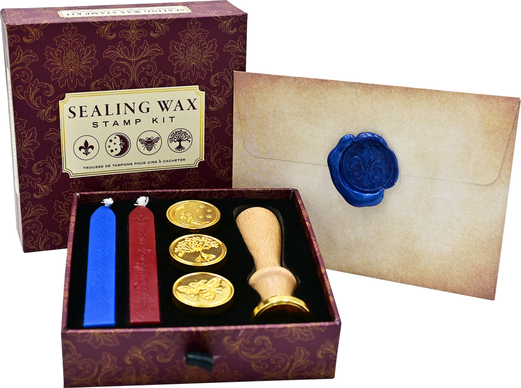 The Sealing Wax Stamp Kit includes a wooden stamp handle, two wax sticks (red and blue), three gold stamp heads, and an envelope sealed with blue wax, all elegantly arranged in an ornate box.