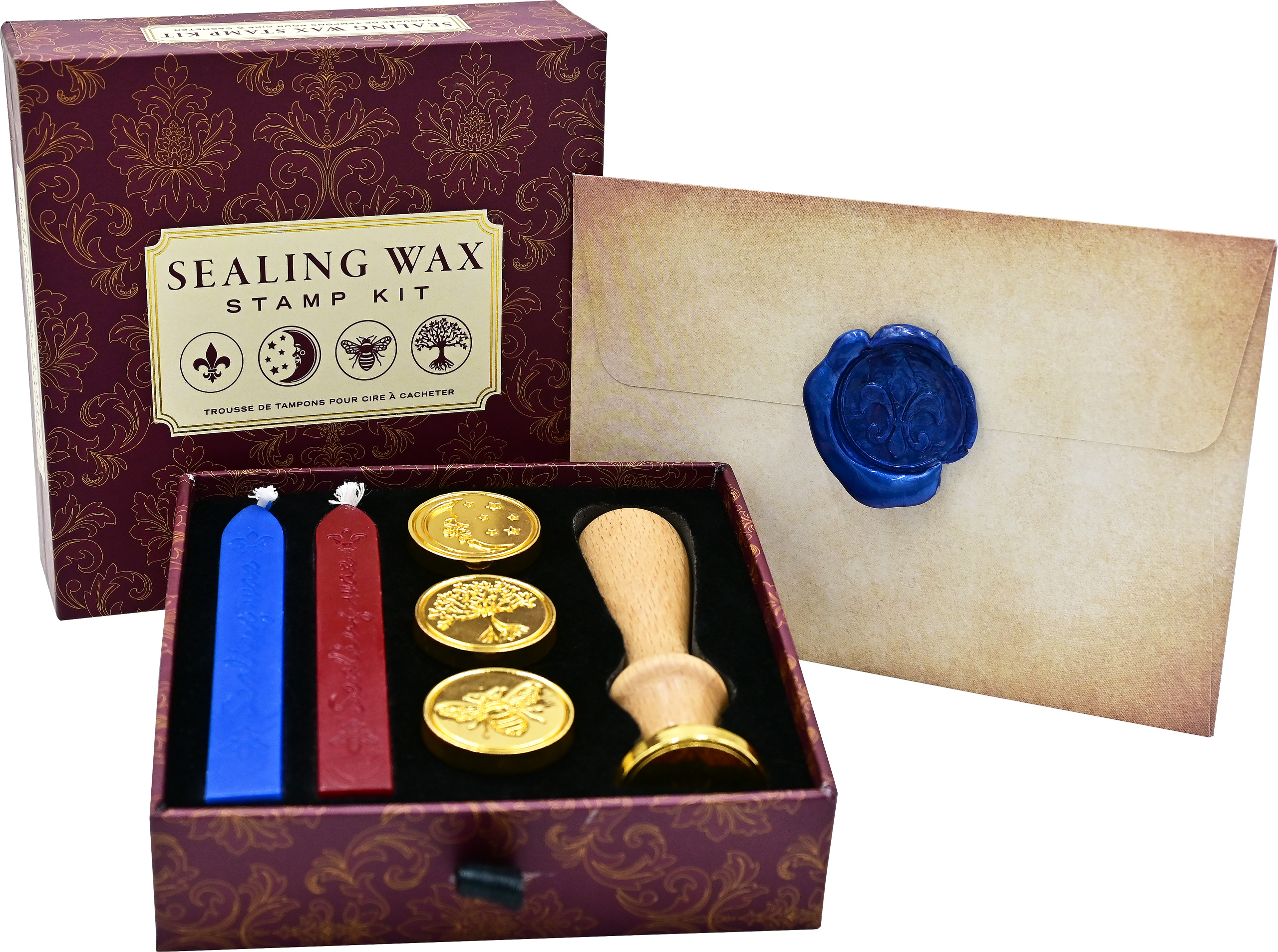 The Sealing Wax Stamp Kit includes a wooden stamp handle, two wax sticks (red and blue), three gold stamp heads, and an envelope sealed with blue wax, all elegantly arranged in an ornate box.