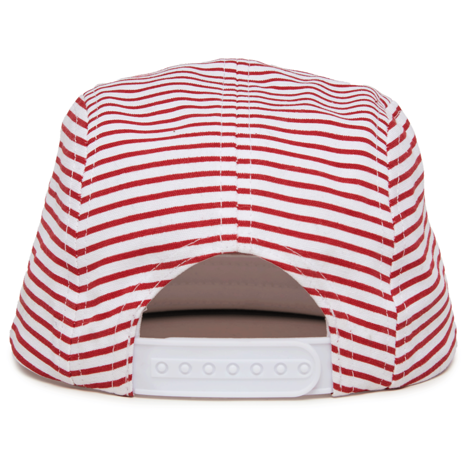 A close-up of the Stars and Stripes Camper Hat for babies and toddlers, featuring red and white stripes and an adjustable snapback strap.