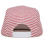 A close-up of the Stars and Stripes Camper Hat for babies and toddlers, featuring red and white stripes and an adjustable snapback strap.