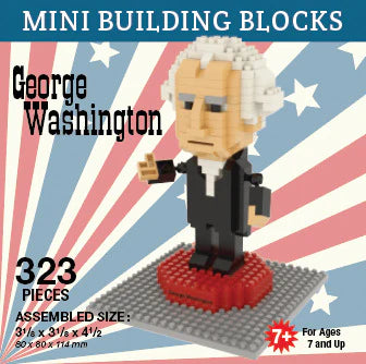 Box for the George Washington Mini Blocks set, featuring a pixelated figure on a starburst background. Includes 323 pieces and is suitable for ages 7 and up.