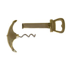 The Solid Polished Brass Anchor Corkscrew & Bottle Opener, featuring curved and angular designs on its handle and sheath, is shown disassembled on a white background—a stylish addition to any bar collection.