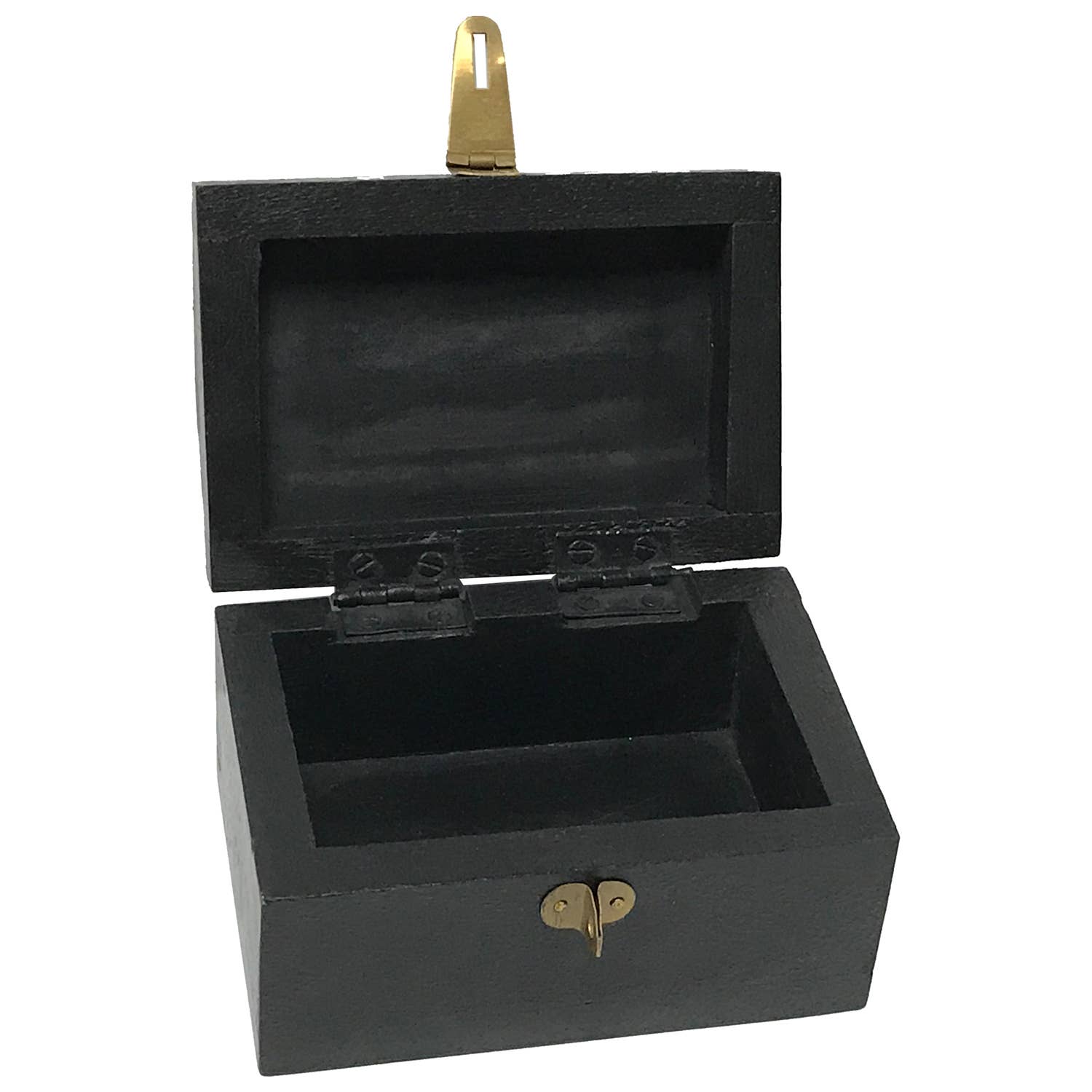 The Standing Horse Antiqued Storage Box is a small black wood box with a hinged lid, gold-colored latch, and metal hinges. Its empty interior and classic design make it perfect for storing keepsakes.