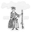 The Daughters of Liberty Sticker features a black and white colonial woman with a rifle, "Daughters of Liberty" above, "1765" on each side—honoring their resistance to the Stamp Act and contribution to American independence.