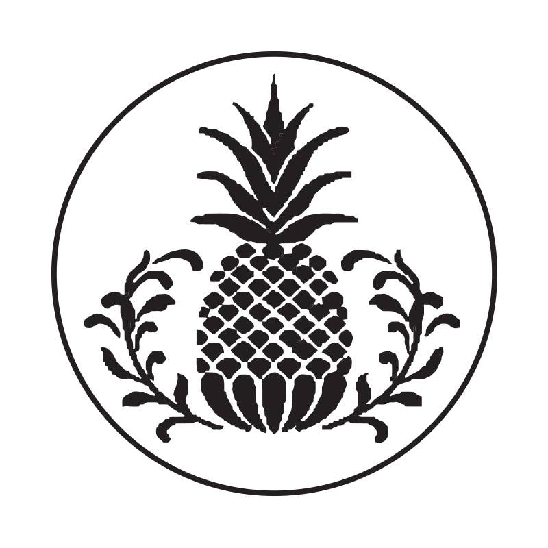 Black and white pineapple illustration centered in a circle with leafy branches — goes with the Rosewood Handle Wax Seal Stamp Kit with Sealing Wax, perfect for elegant correspondence.
