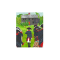 A group of colonial reenactors in dark uniforms stands on grass facing a historic home, with a leader holding a sword and a flag near the house, capturing the spirit of the Fife and Drum Corps featured on the "Lexington, MA Fife and Drum Note Card.