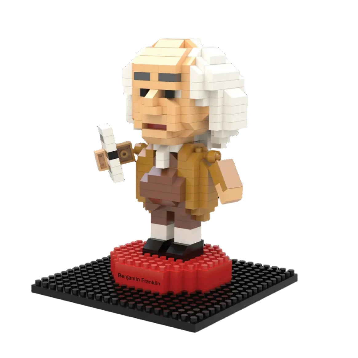 The Benjamin Franklin Mini Blocks set features a blocky figure of Ben Franklin with white hair, glasses, and a key on a string, standing on a red base labeled with his name—honoring his famous electricity experiment.