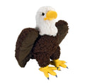 The Stuffed Eagle is a plush toy with a fluffy white head, brown body, outstretched wings, yellow beak and feet, and gray talons.
